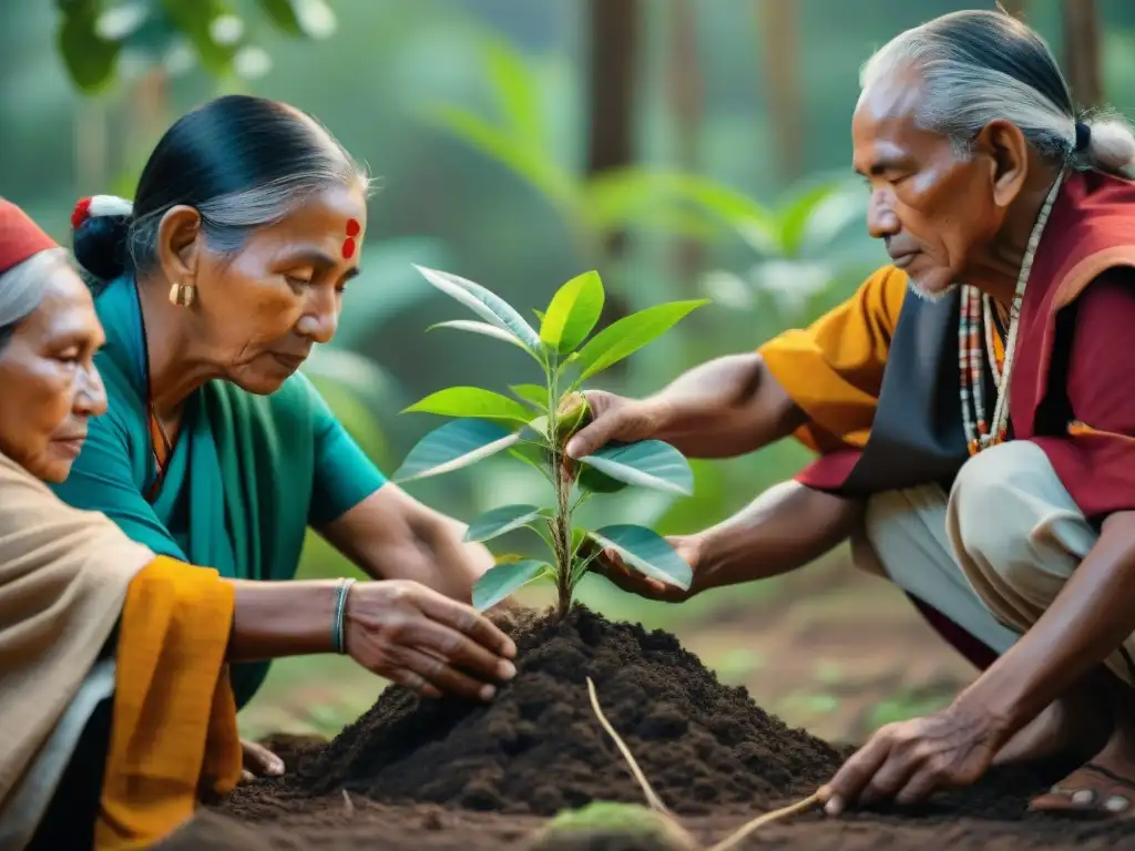 Ceremonia sagrada de reforestación indígena: ancianos plantando árbol en ambiente de respeto y sabiduría ancestral