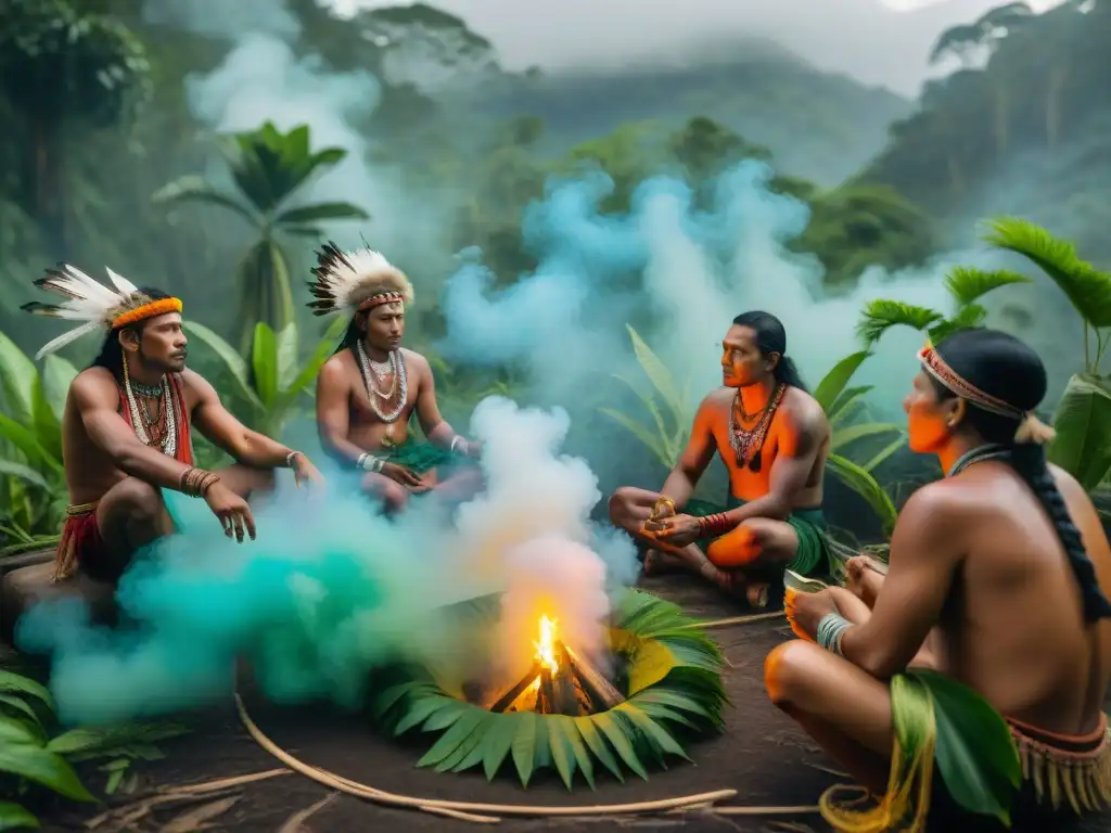 Ceremonia sagrada con chamanes y uso tradicional plantas sagradas en la selva amazónica