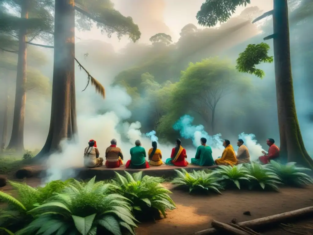 Ceremonia sagrada de comunidad indígena en el bosque, protegiendo sitios sagrados