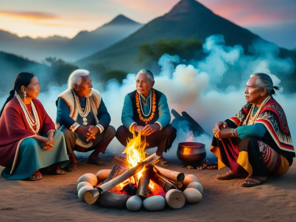 Ceremonia sagrada alrededor del fuego con ancianos indígenas