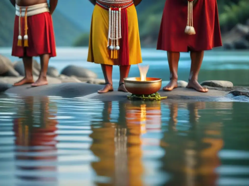 Ceremonia sagrada de rituales indígenas al agua en el río, destacando la conexión con la naturaleza