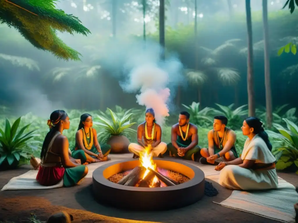 Ceremonia de sanación indígena en el bosque: jóvenes en ritual con plumas y hierbas, reflejando sabiduría ancestral y apoyo comunitario