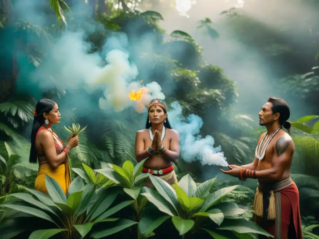 Ceremonia de sanación indígena en la selva: curanderos con atuendos tradicionales y plantas medicinales