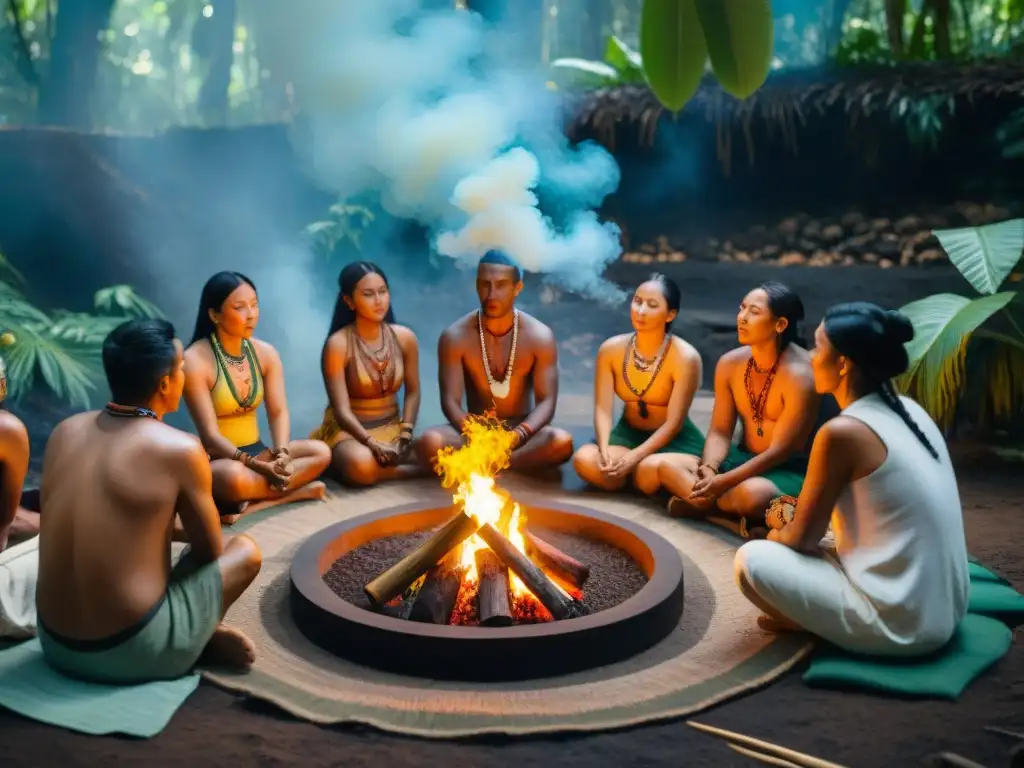 Ceremonia de sanación con chaman en selva, ataviados con trajes tradicionales, en círculo alrededor del fuego