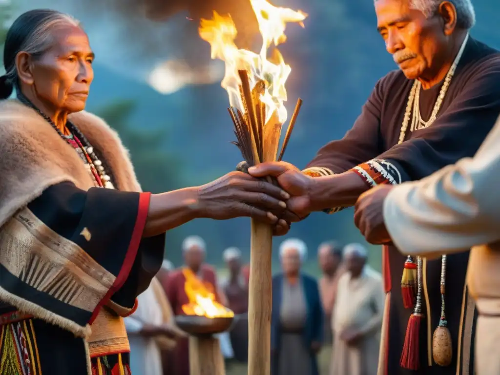 Ceremonia solemne de repatriación de objetos sagrados indígenas, ancianos sostienen manos alrededor del fuego sagrado