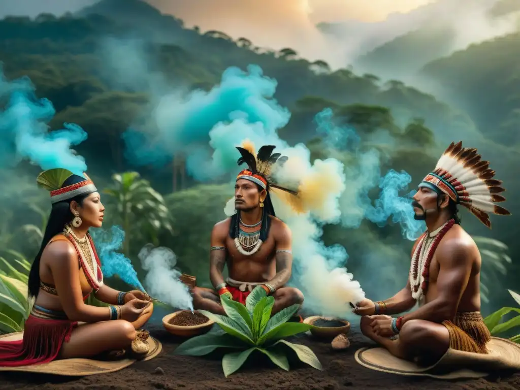 Ceremonia de tabaco en el mundo precolombino: detallada ilustración de ritual ceremonial con colores vibrantes y vestimenta tradicional