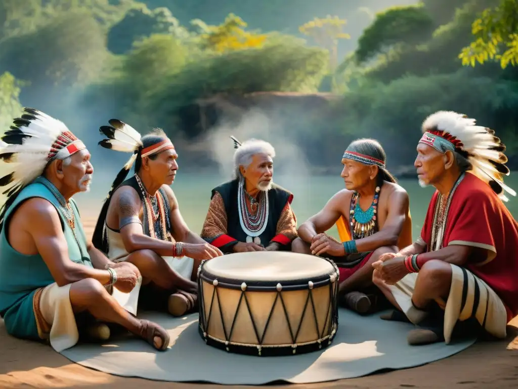 Ceremonia de tambores con ancianos indígenas de diversas culturas de las Américas bajo la luz cálida del atardecer