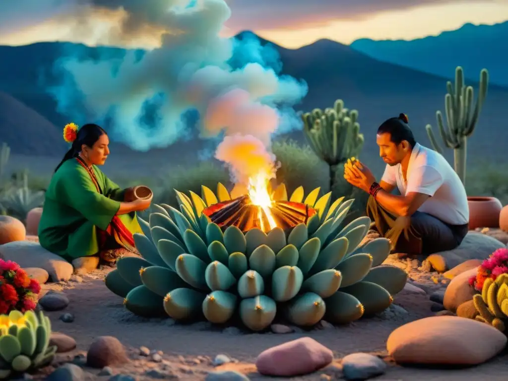 Una ceremonia de temazcal en el desierto al atardecer con participantes y un chamán realizando un ritual de limpieza entre nopales en flor