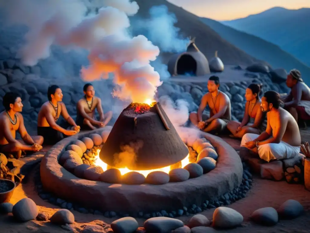 Una ceremonia Temazcal de purificación y renacimiento al atardecer, con siluetas iluminadas por antorchas y vapor, creando un ambiente místico