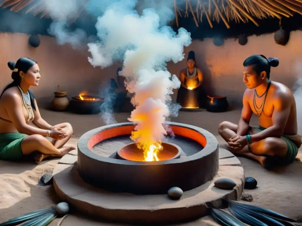 Una ceremonia Temazcal de purificación y renacimiento: individuos adornados con plumas y pintura, envueltos en vapor místico