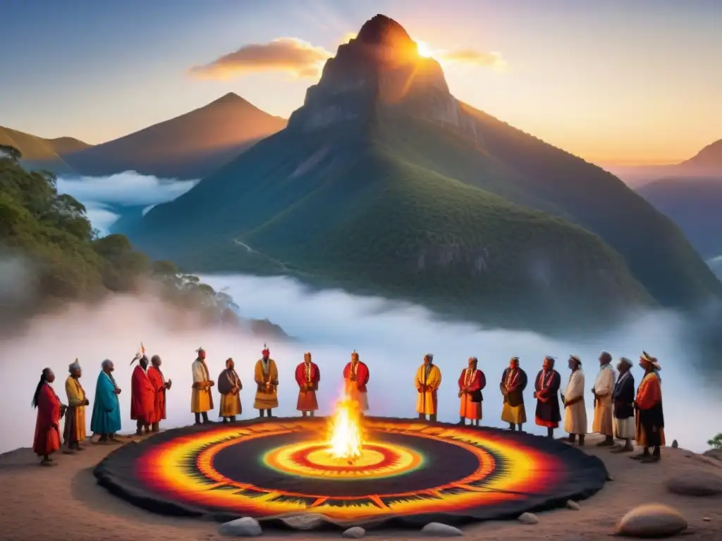 Una ceremonia tradicional al amanecer, ancianos en atuendos coloridos rodeando un sol dorado, símbolos naturaleza