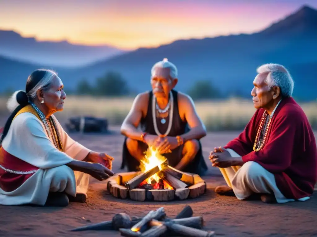 Ceremonia tradicional con ancianos indígenas alrededor del fuego, reflejando sabiduría