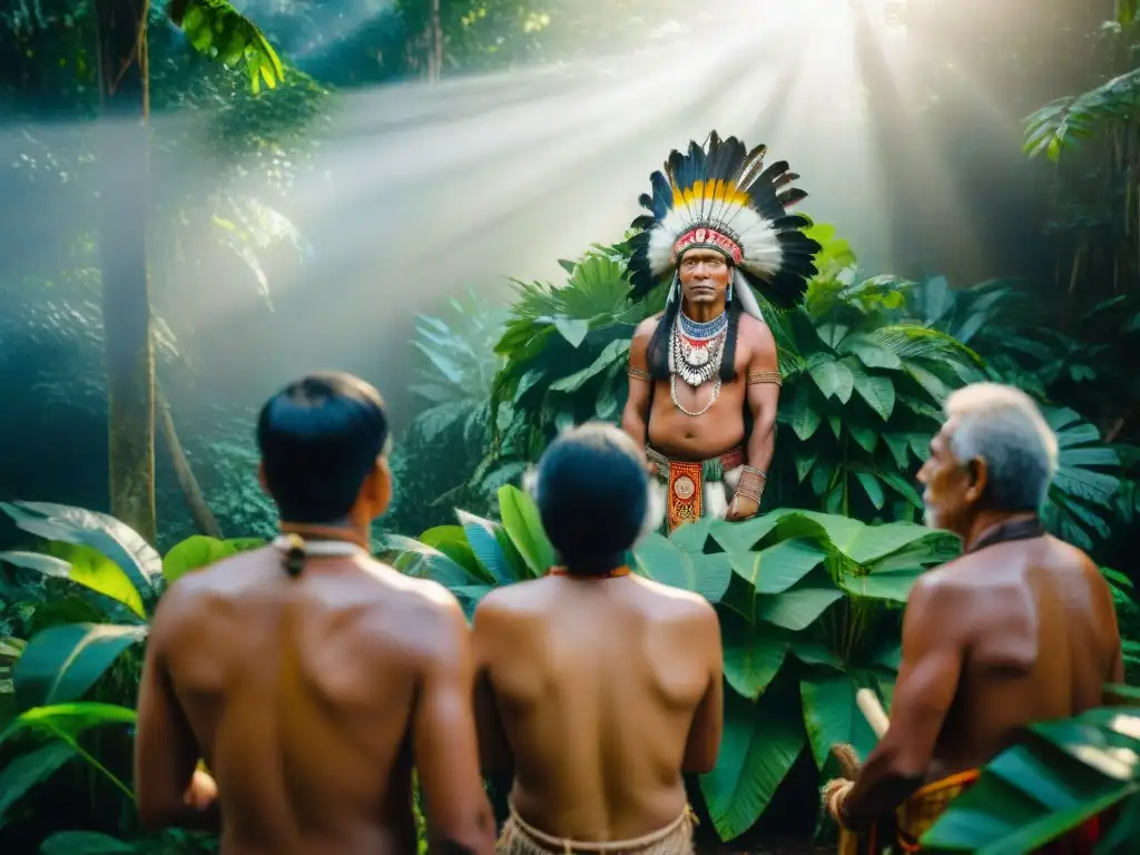 Ceremonia tradicional de ancianos indígenas en la Amazonia, resaltando la conexión con la naturaleza