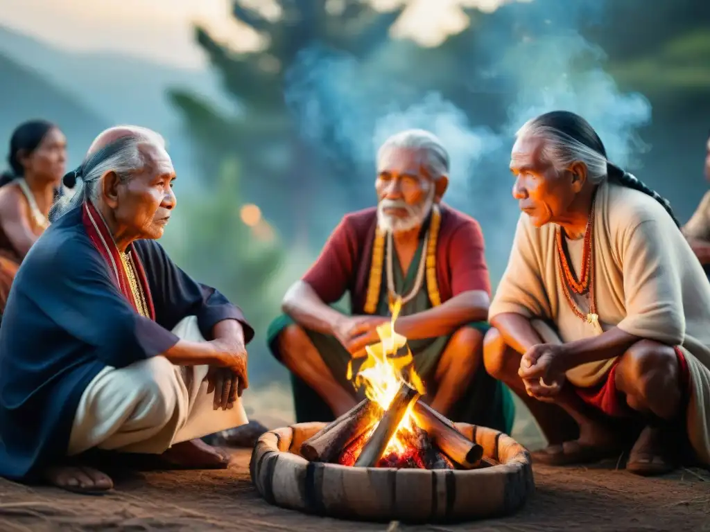 Ceremonia tradicional de ancianos indígenas fortaleciendo la voluntad, rodeados de naturaleza y sabiduría ancestral