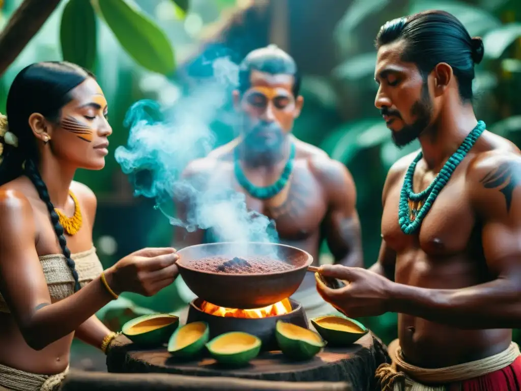 Una ceremonia tradicional de cacao en la cultura del cacao en América, con indígenas vestidos de forma vibrante en la selva tropical