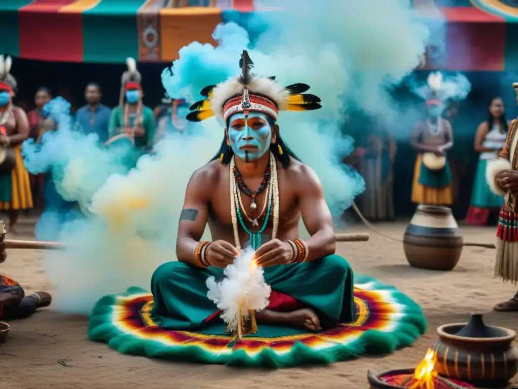 Ritual indígena: danza, música y misticismo ancestral Ceremonia tradicional en comunidad indígena con chaman, plumas, textiles y música; destaca la riqueza cultural y espiritual