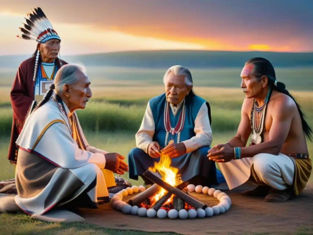 Ceremonia tradicional de ancianos Sioux alrededor del fuego sagrado al atardecer en las llanuras de Dakota del Sur