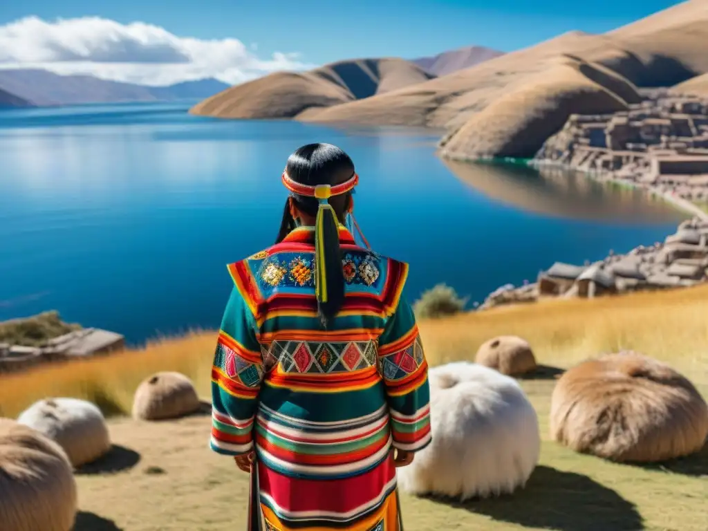 Ceremonia tradicional en el Lago Titicaca con indígenas y montañas al fondo en Destinos etnoturísticos América indígena