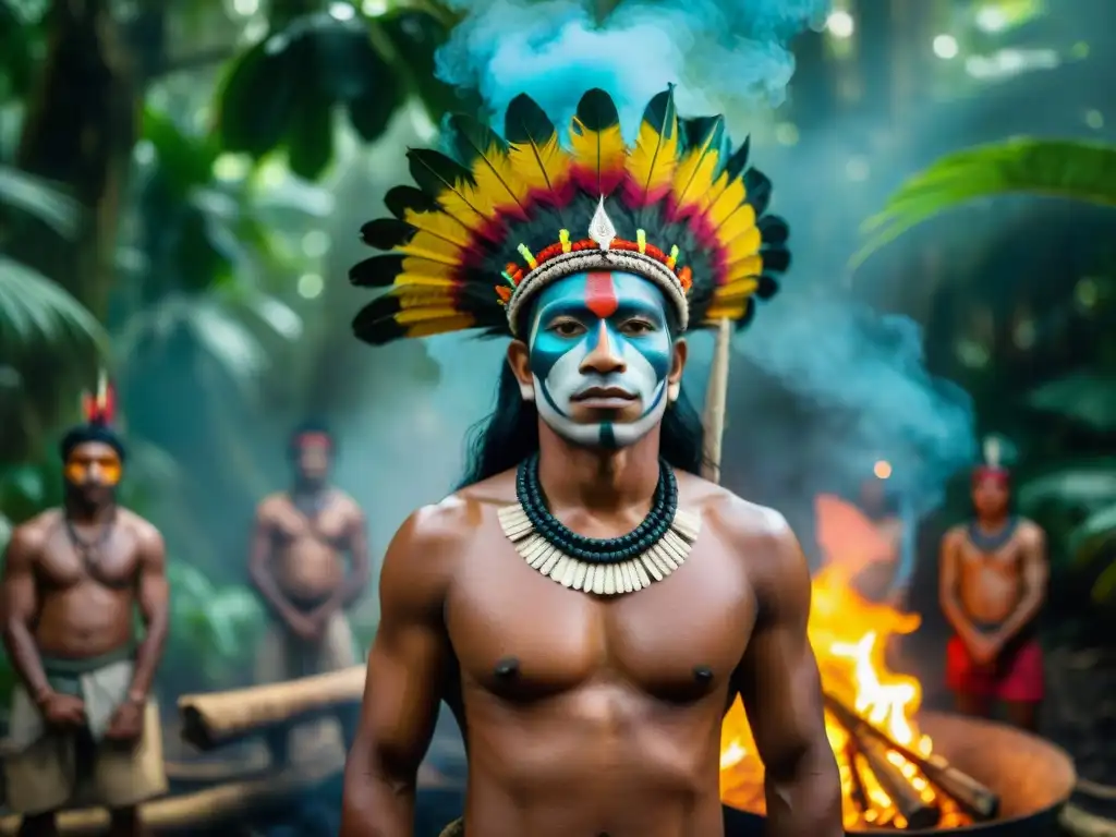 Celebración ceremonial de comunidad indígena amazónica en la jungla, con atuendos tradicionales y luchas contemporáneas