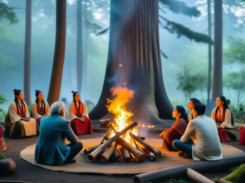 Ceremonias ancestrales en el mundo moderno: Reunión de generaciones alrededor de una fogata en el bosque místico