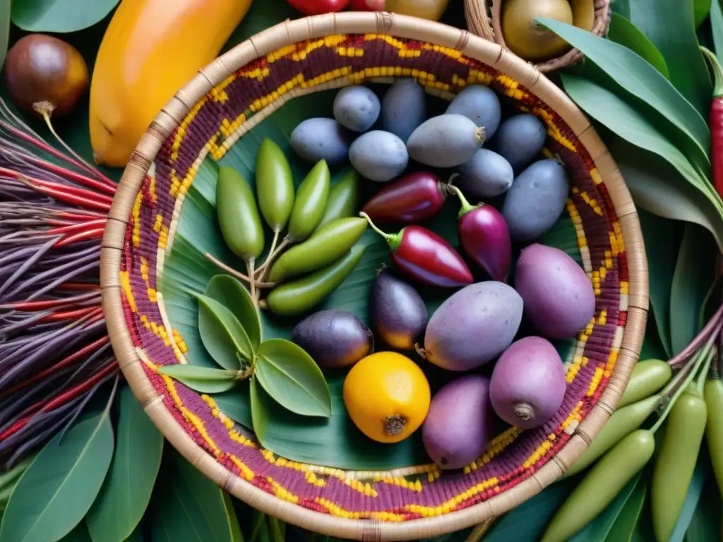 Cesta de arte indígena llena de frutas y verduras vibrantes en selva tropical