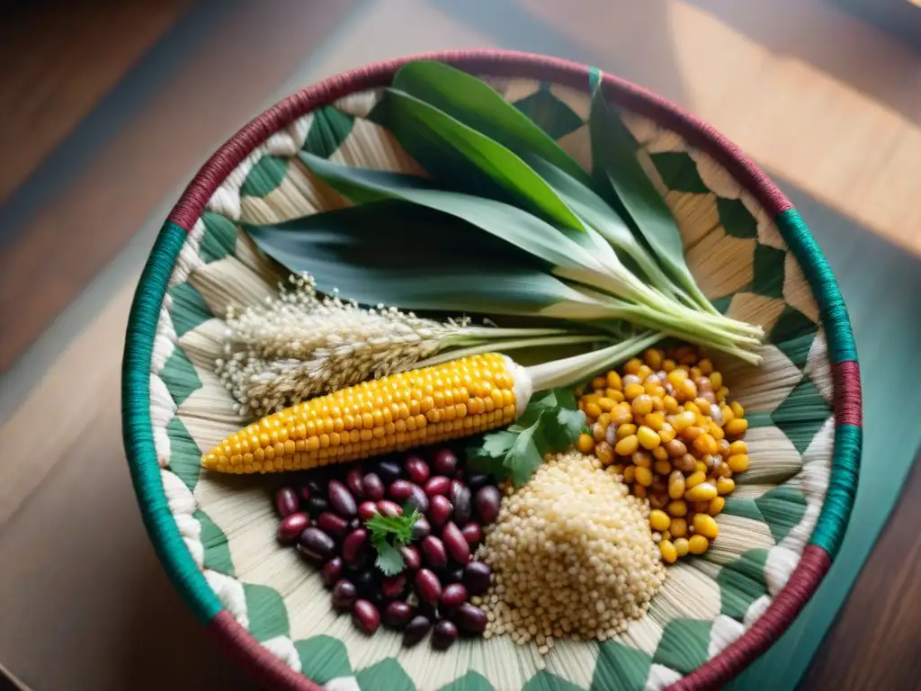 Una cesta de ingredientes indígenas tradicionales, con maíz, quinua y hierbas, iluminados por el sol