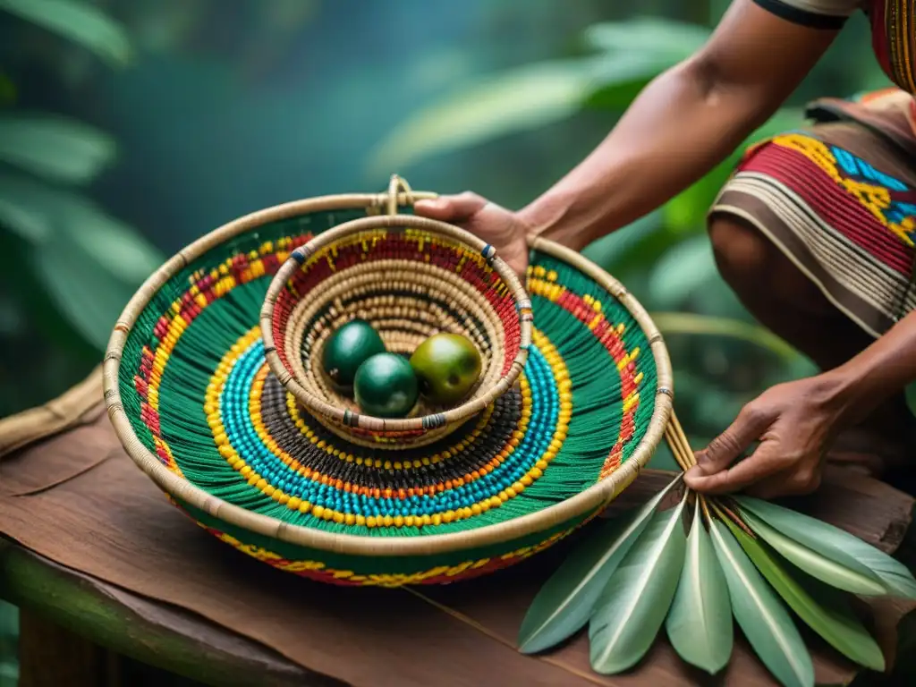 Cestas tejidas con fibras naturales, decoradas con cuentas y plumas, usadas en la cocina tradicional indígena utensilios