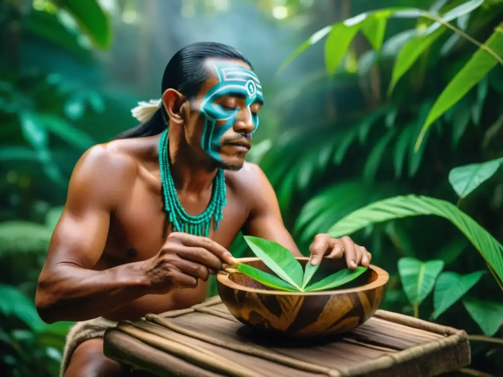 Un chamán de la Amazonía preparando una poción en la selva, rodeado de plantas sagradas