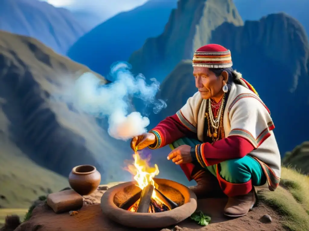 Un chamán andino realiza un ritual en la montaña con la comunidad local, mostrando la fusión de tradiciones antiguas y vida moderna