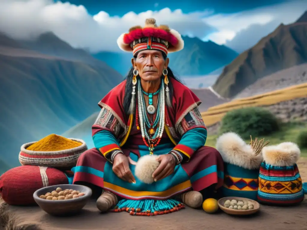 Un chamán andino realizando un ritual de equilibrio, rodeado de colores y símbolos, con los Andes de fondo