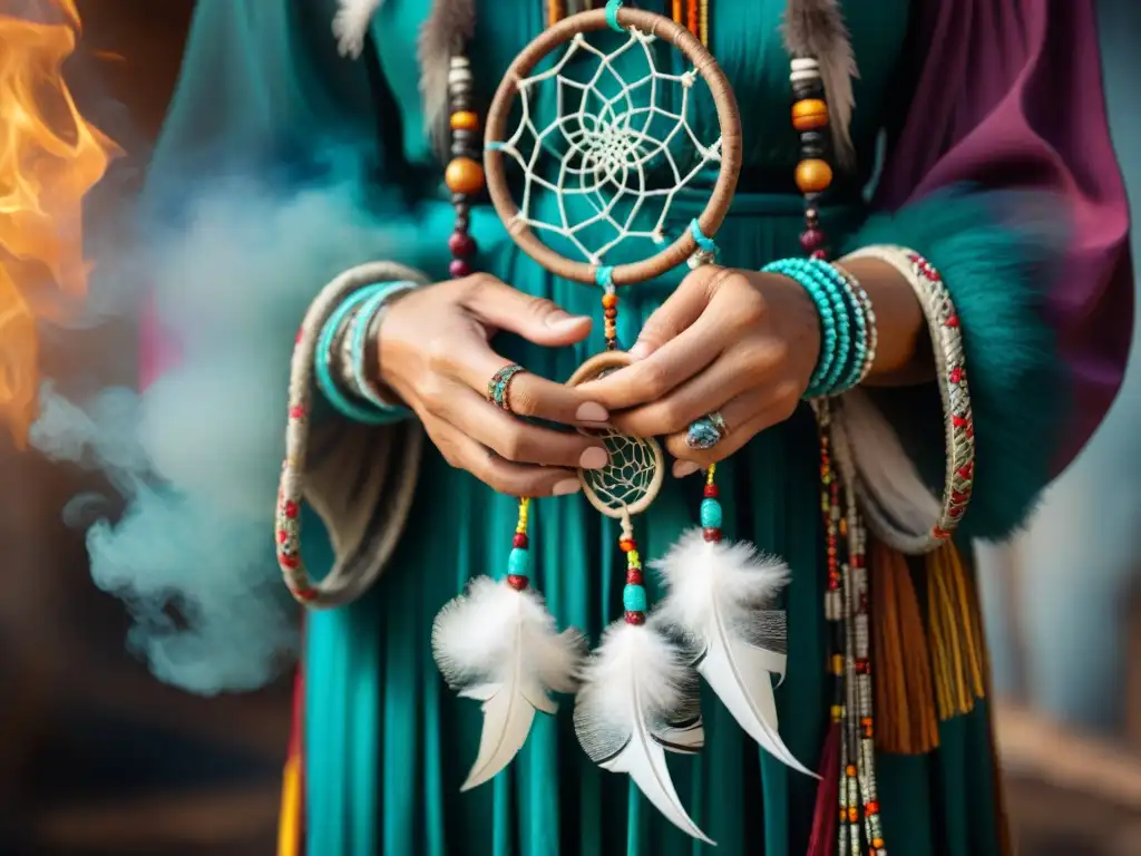 Un chamán teje un atrapasueños vibrante con plumas y cuentas, en un espacio ceremonial místico