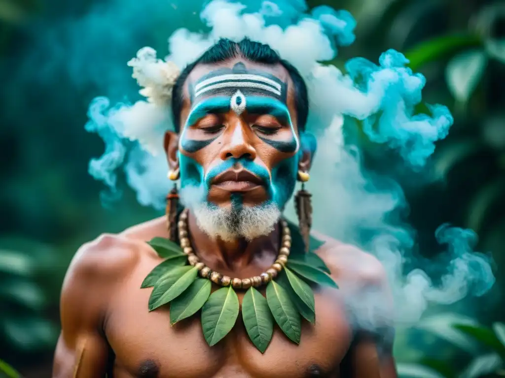 Un chamán de la comunidad indígena en la selva amazónica realiza un ritual del tabaco, rodeado de humo y misticismo