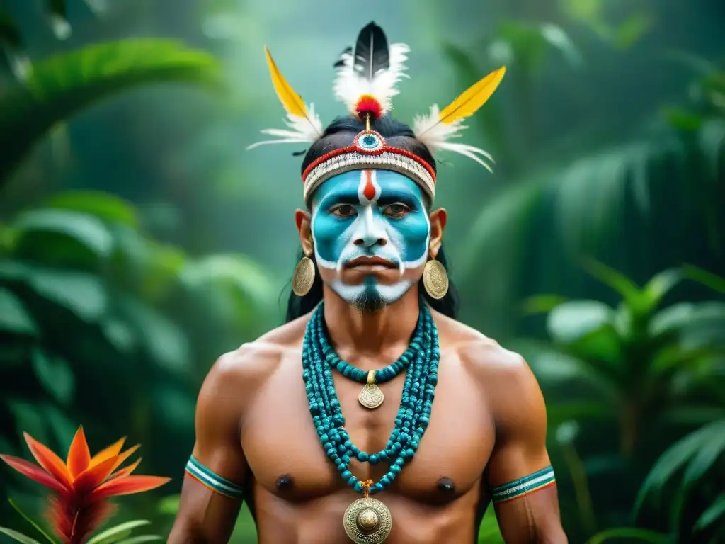 Un chamán de una cultura indígena en la selva amazónica, realizando un ritual ceremonial rodeado de exuberante vegetación