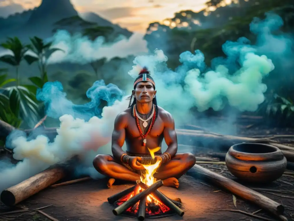 Un chamán invoca los espíritus con fuego sagrado en rituales indígenas en el corazón de la selva amazónica