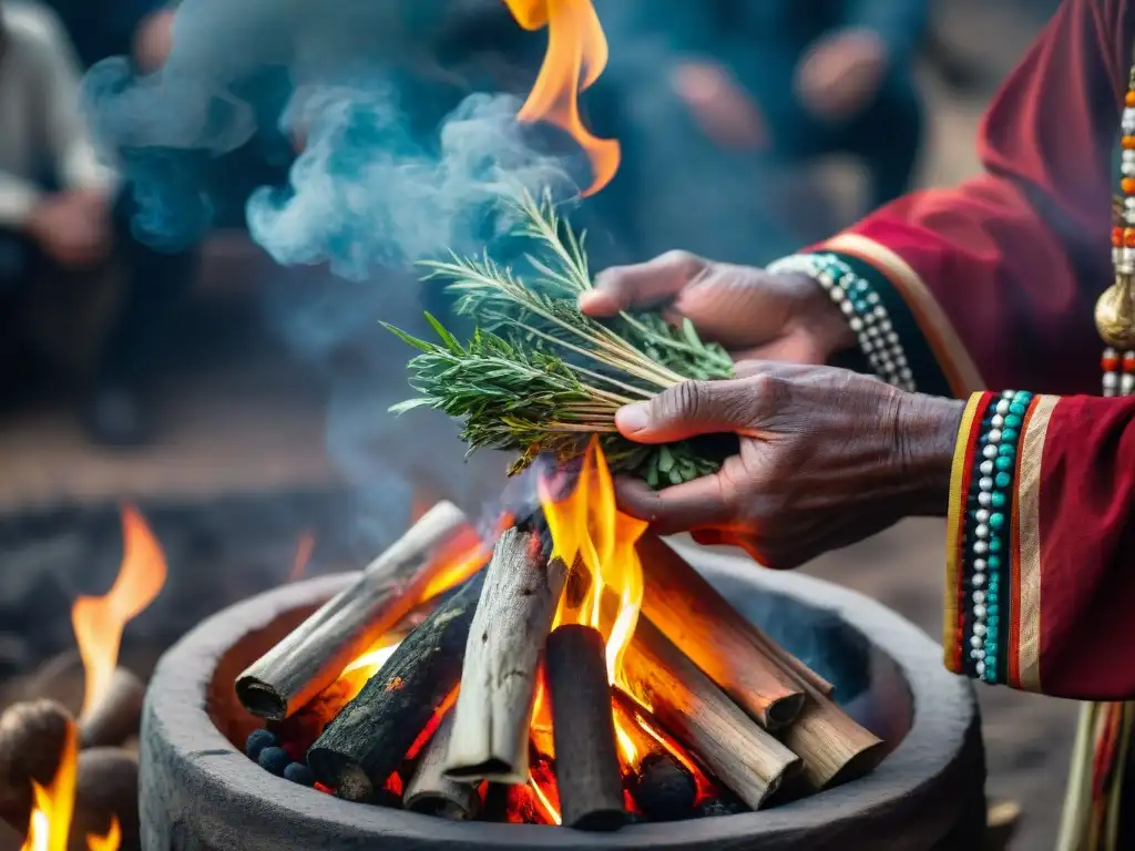 Un Chamán coloca hierbas en el fuego en una ceremonia sagrada, destacando el significado del fuego en ceremonias