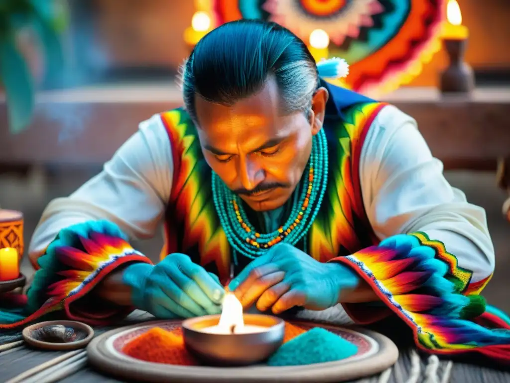 Un chamán Huichol se prepara para un ritual sagrado con peyote, rodeado de arte colorido y elementos sagrados