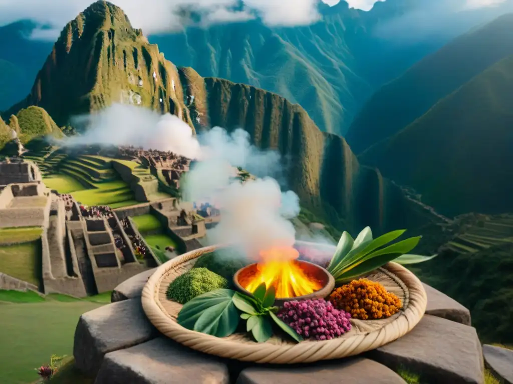 Un chamán inca rodeado de hierbas medicinales coloridas y exóticas, en un ritual de sanación con Machu Picchu al fondo