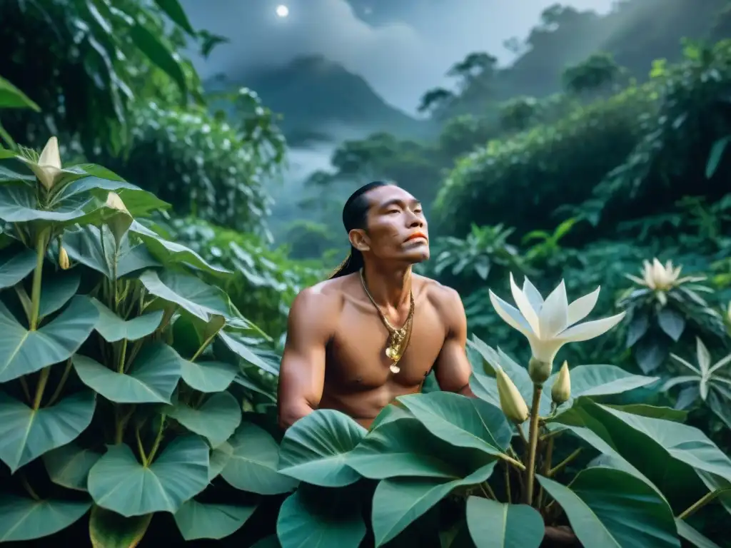 Un chamán indígena cosecha con reverencia la planta Datura bajo la luz de la luna en la densa selva