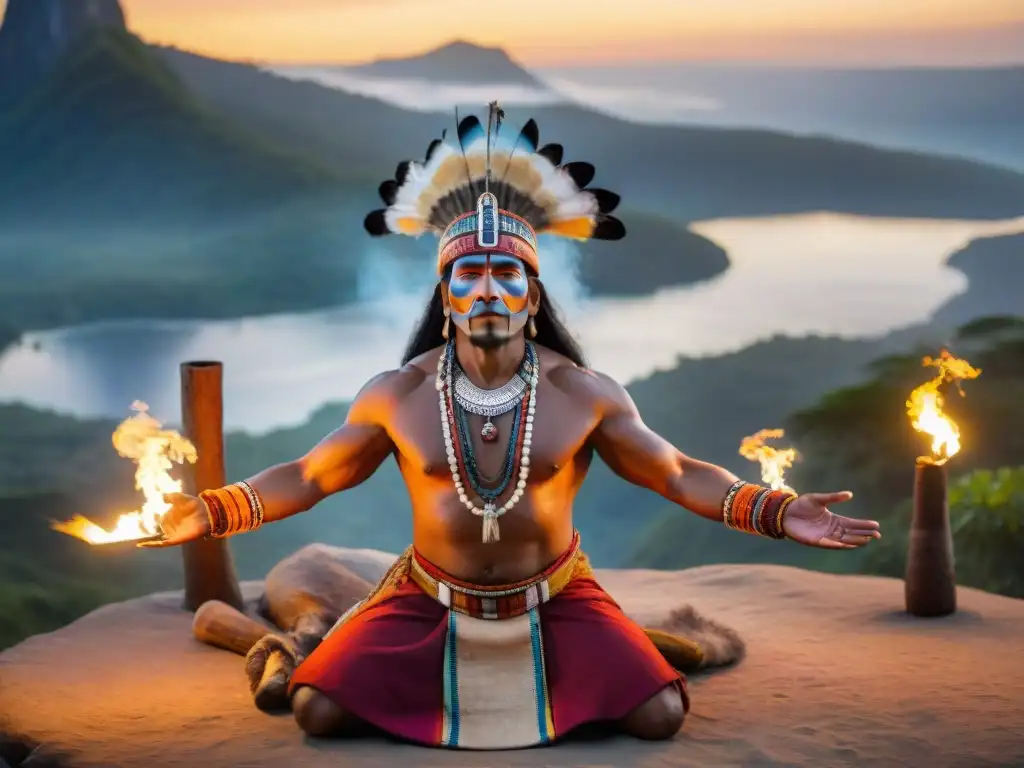 Un chamán indígena realizando la Danza de los Espíritus al atardecer, rodeado de antorchas y una audiencia fascinada