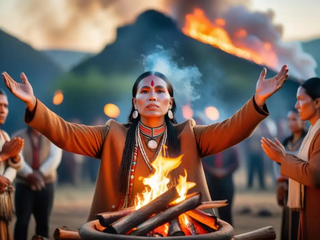 Un chamán indígena en conexión espiritual con el fuego, rodeado de gente en atuendos tradicionales