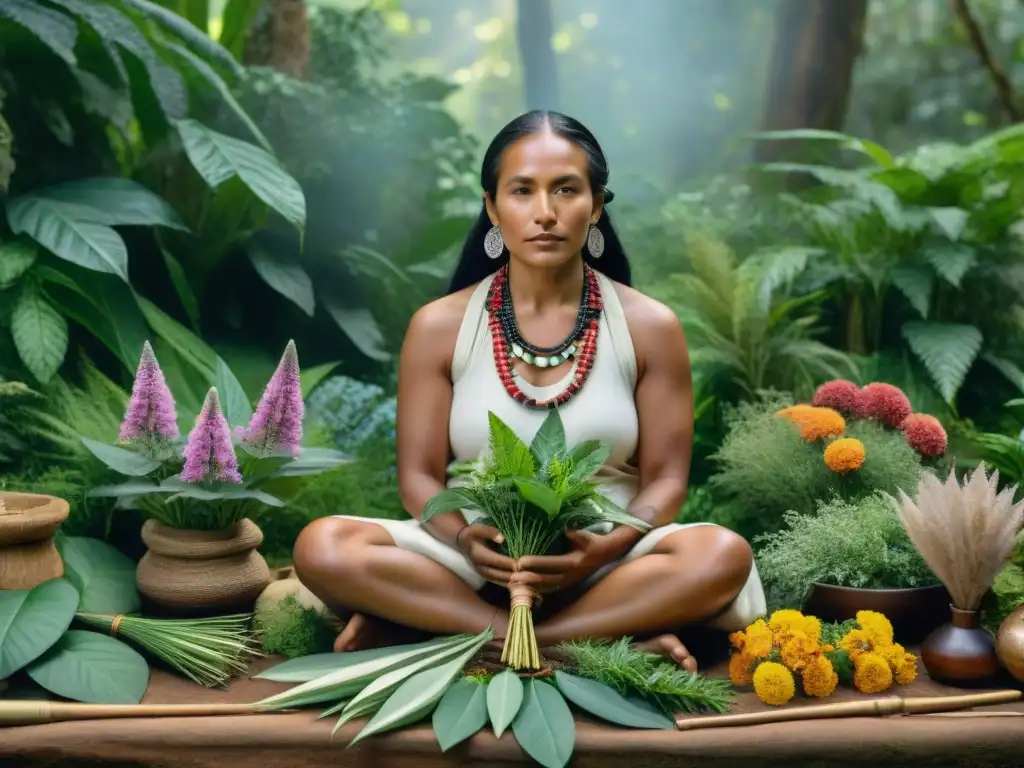 Un chamán indígena rodeado de plantas sagradas con nombres y significados nativos, reflejando la conexión con la medicina herbal