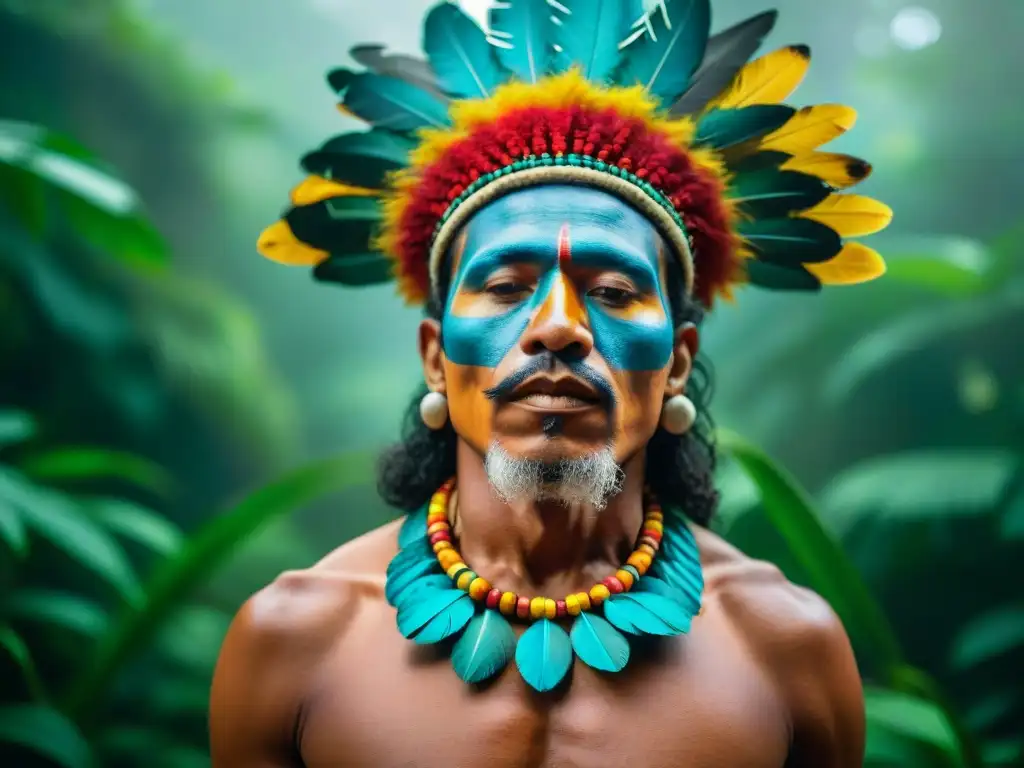 Un chamán indígena en la selva del Amazonas, realizando un ritual espiritual