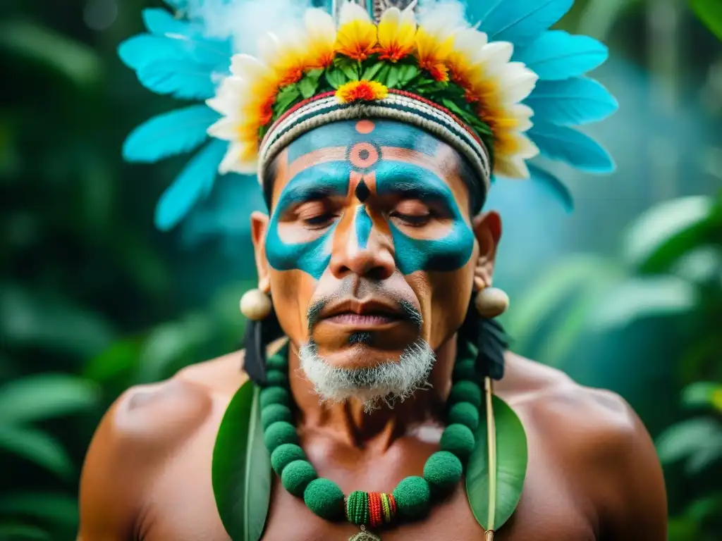 Un chamán indígena en la selva amazónica, realizando un ritual espiritual entre la exuberante vegetación y flores vibrantes