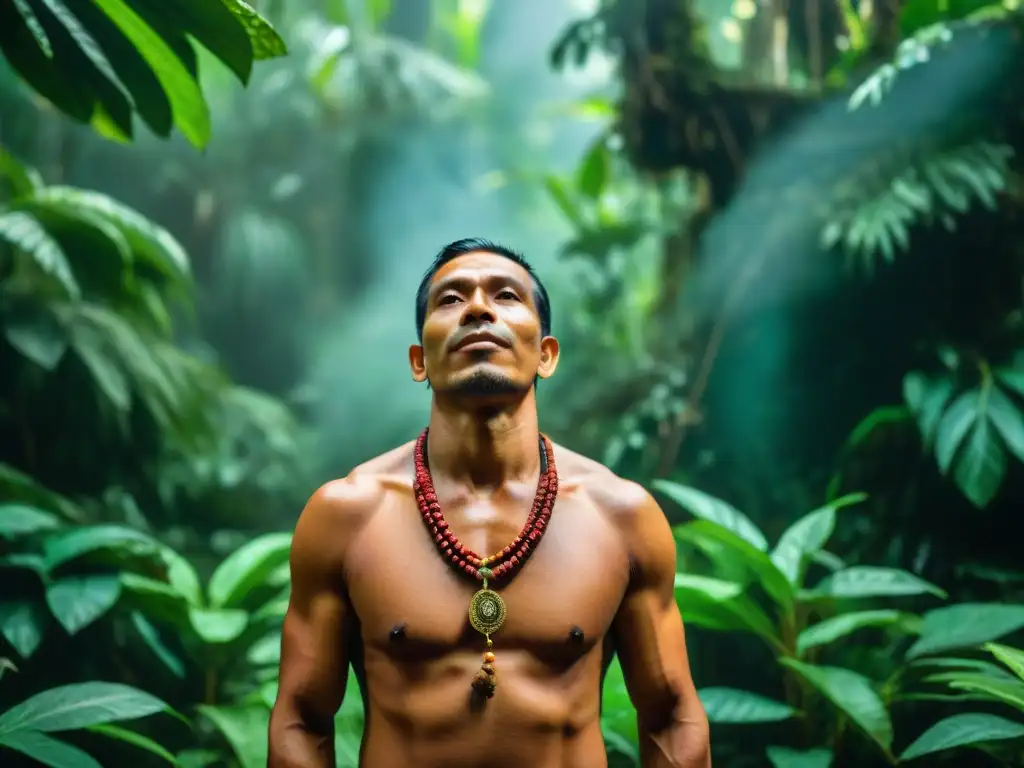 Un chamán indígena en la selva amazónica realizando un ritual de sanación entre plantas medicinales