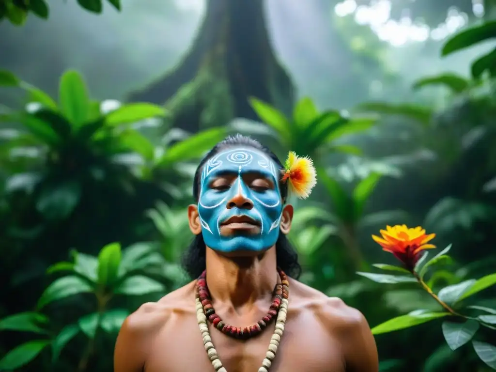 Un chamán indígena en la selva amazónica realizando un ritual con plantas medicinales bajo la frondosa vegetación