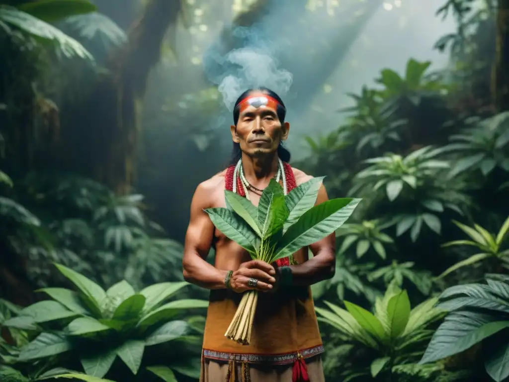 Un chamán indígena en la selva con tabaco sagrado y hierbas medicinales, reflejando conexión espiritual