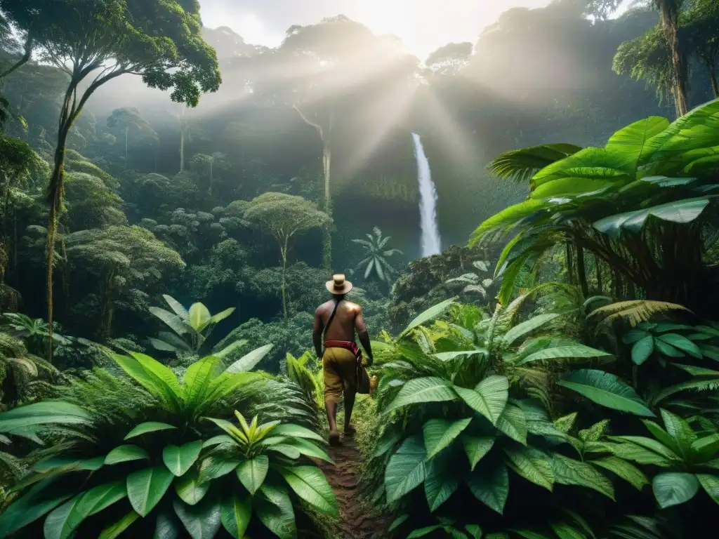 Un chamán indígena recolectando suplementos naturales en la exuberante selva amazónica, conectando con la naturaleza y sus poderes curativos