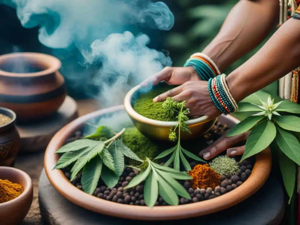 Un chamán prepara una infusión ceremonial con plantas enteógenas en rituales sanación, mostrando un proceso ritual detallado y significado cultural