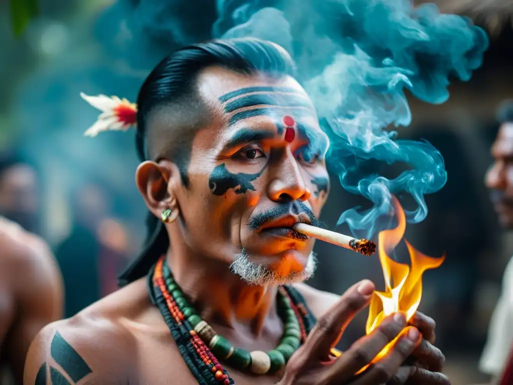 Un chamán maya sostiene una hoja de tabaco encendida en un ritual sagrado