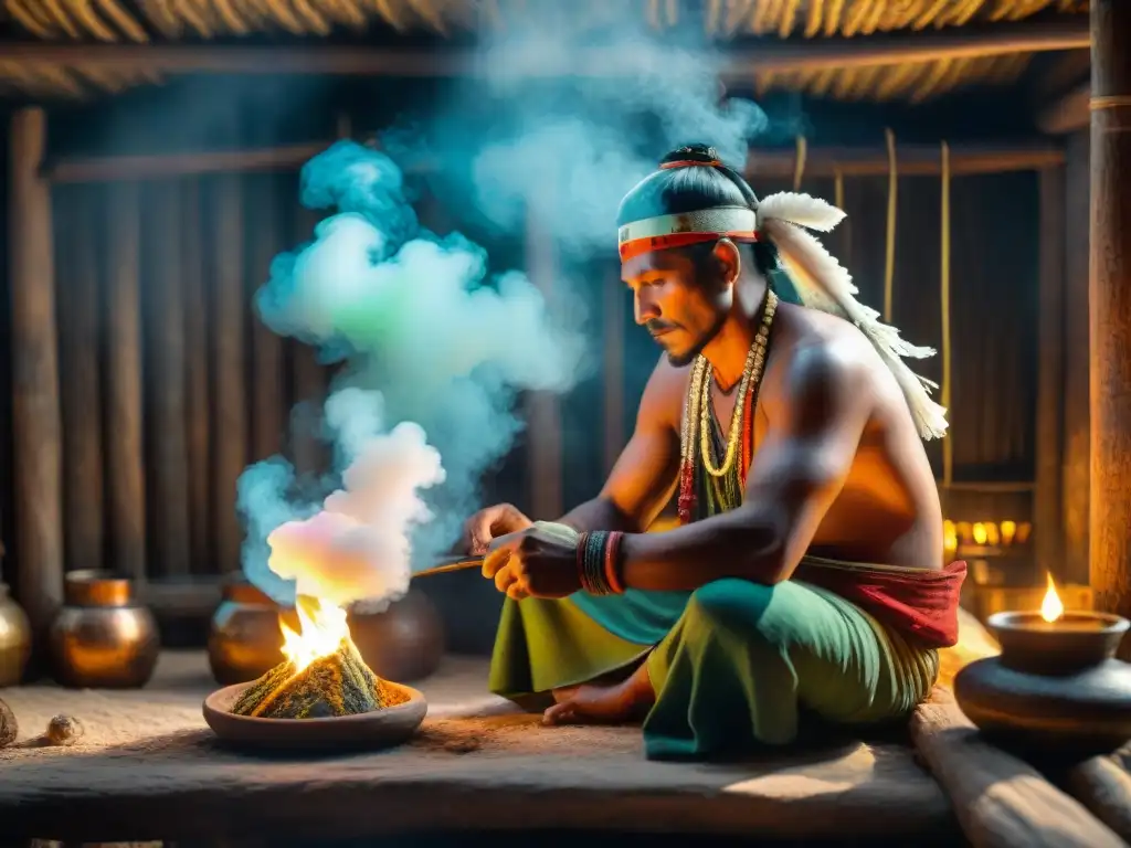 Un chamán maya elaborando una medicina herbal en una cabaña iluminada por velas, rodeado de hierbas y símbolos antiguos